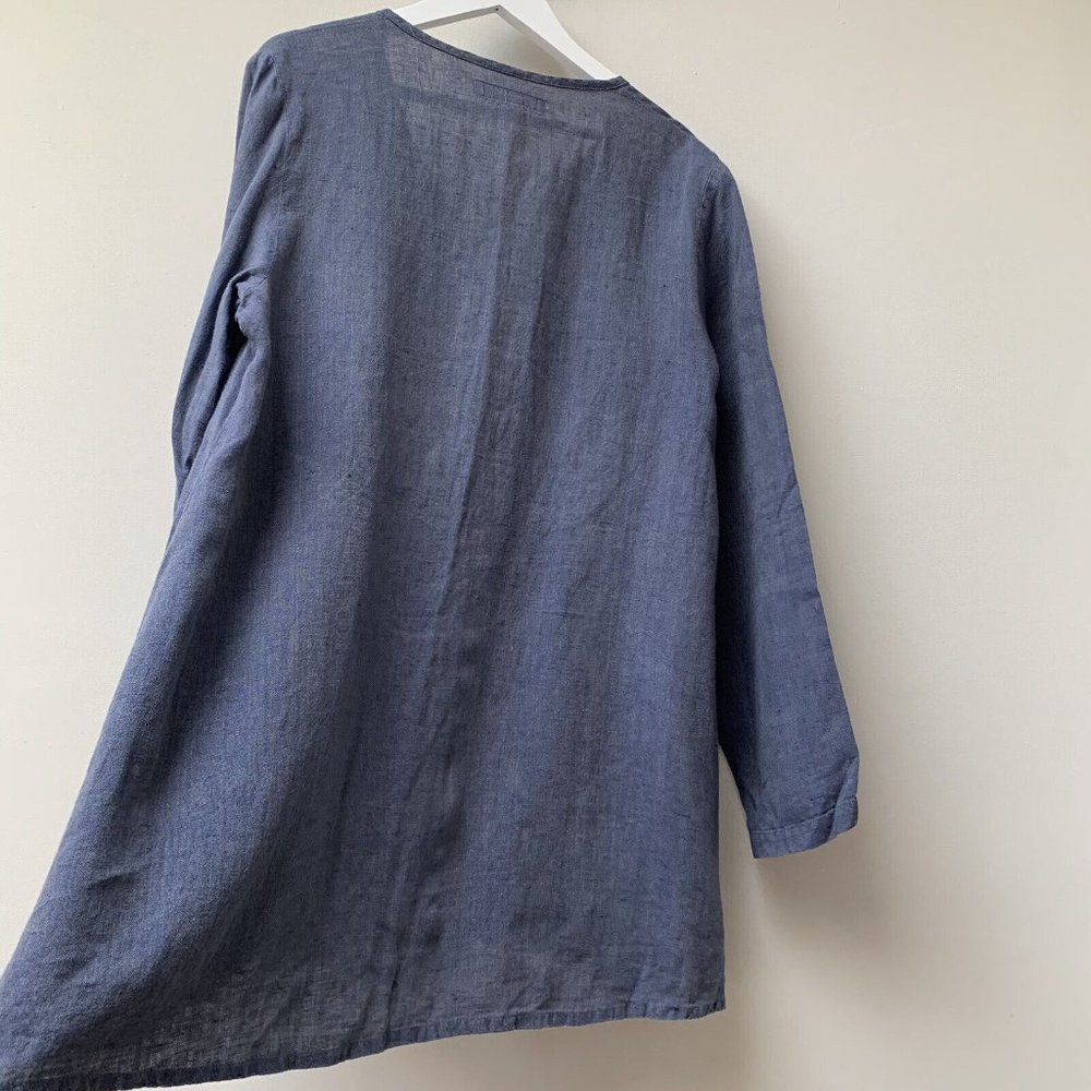 FLAX Linen Tunic Top Size Small Blue Holiday Relaxed Oversized Long Sleeves - Picture 2 of 10